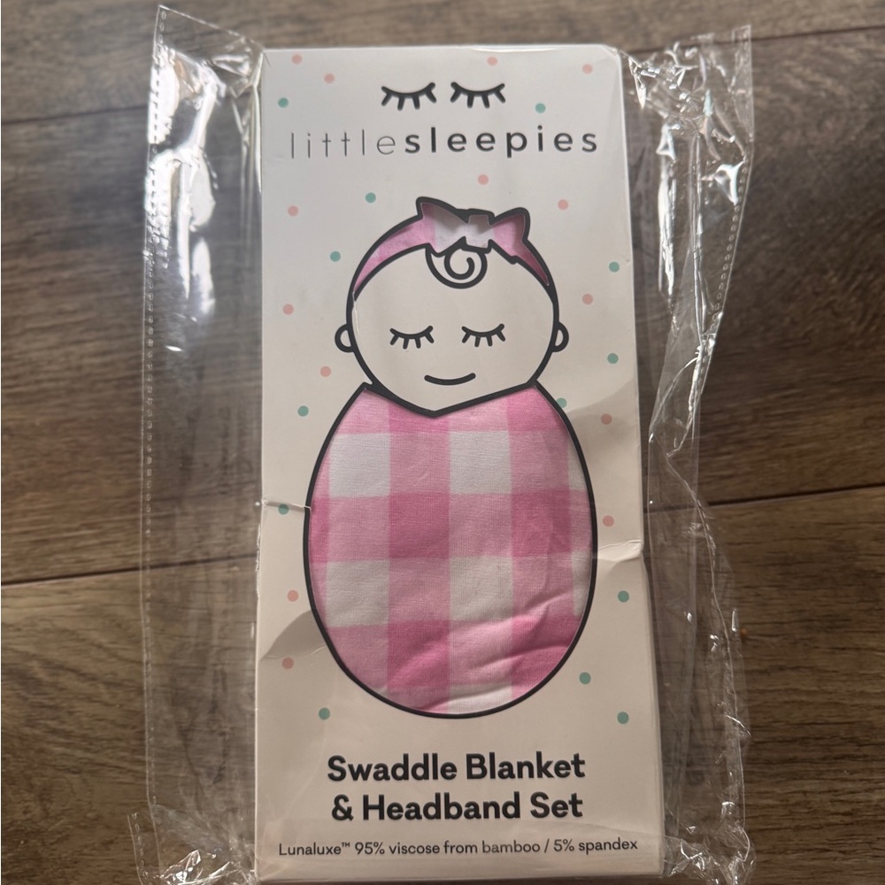 🎀Little Sleepies Pink Gingham Swaddle Bamboo Blanket & Headband Set Newborn - Picture 5 of 5
